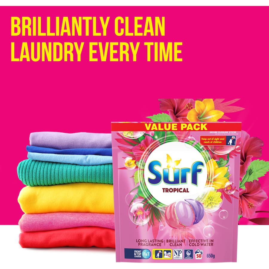 Surf Laundry Capsules Tropical in vibrant packaging, delivering powerful clean and enchanting floral-fruity fragrance for laundry.