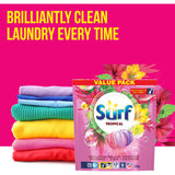 Surf Laundry Capsules Tropical in vibrant packaging, delivering powerful clean and enchanting floral-fruity fragrance for laundry.