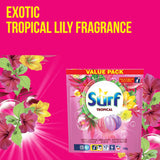 Surf Laundry Capsules Tropical offer vibrant floral and fruity fragrance for a brilliant clean in every wash. Eco-friendly packaging included.