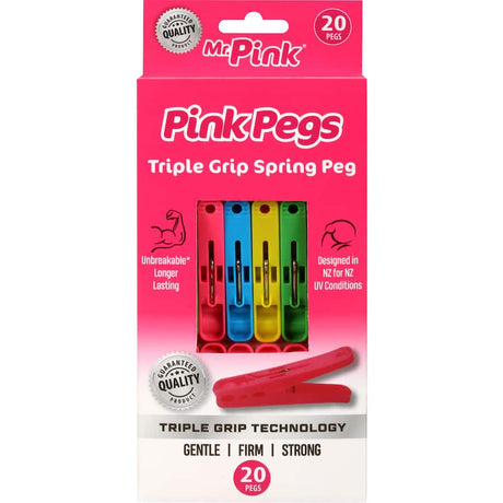 Vibrant pink triple grip clothes pegs designed for secure holding, ideal for indoor and outdoor laundry drying.