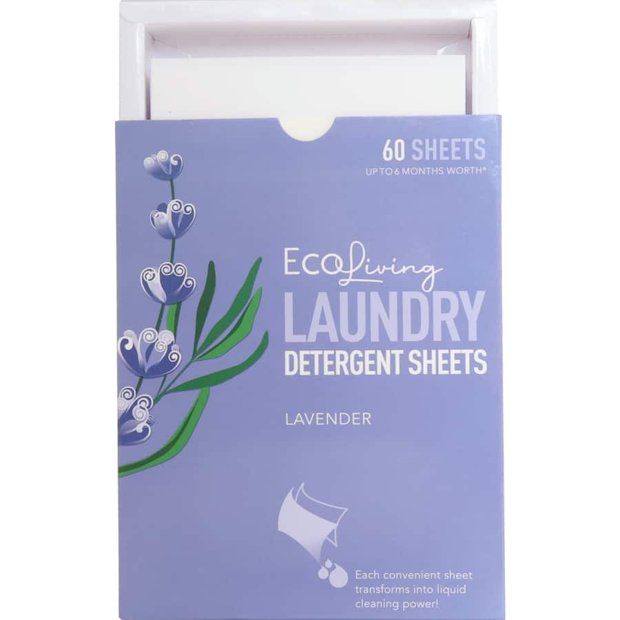 Eco Living Laundry Detergent Sheets in Lavender, eco-friendly and biodegradable, offering effective clean with a soothing scent.