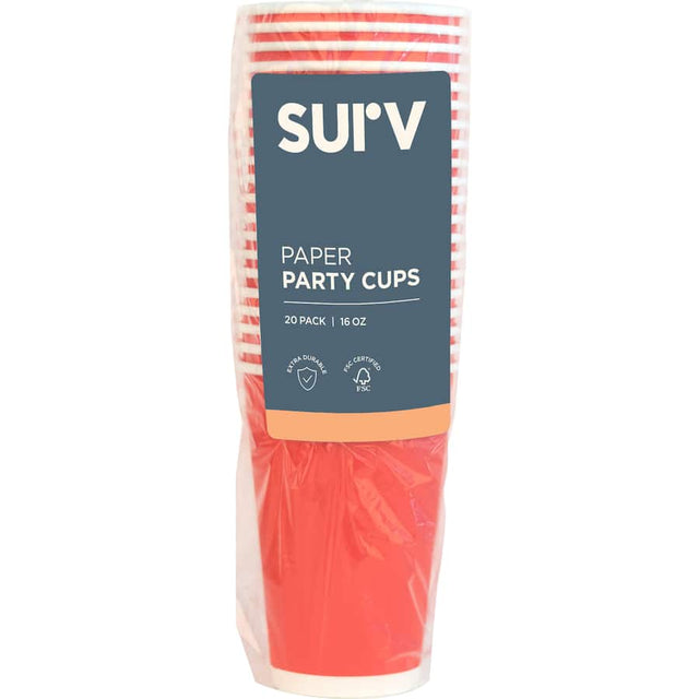 Bright red disposable 16oz paper cups, eco-friendly and perfect for parties, picnics, and hot or cold beverages.
