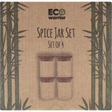 Eco-friendly spice jar set of 4, featuring durable glass, bamboo lids, and silicone seals for freshness and organization.