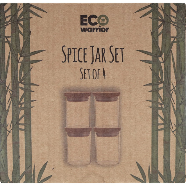Eco-friendly spice jar set of 4, featuring durable glass, bamboo lids, and silicone seals for freshness and organization.
