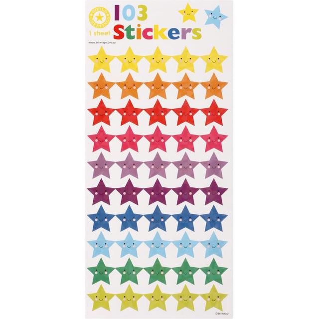 Colorful Smiley Stars stickers for personalizing notebooks and art projects, made from durable vinyl for long-lasting fun.