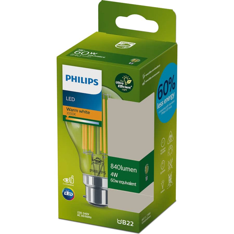 Philips Led Ultra Light Bulb 4w A60 Bc Warm White