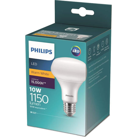 Philips 10W E27 LED bulb, warm white light, energy-efficient, R80 shape, 1150 lumens, lasts up to 15,000 hours.