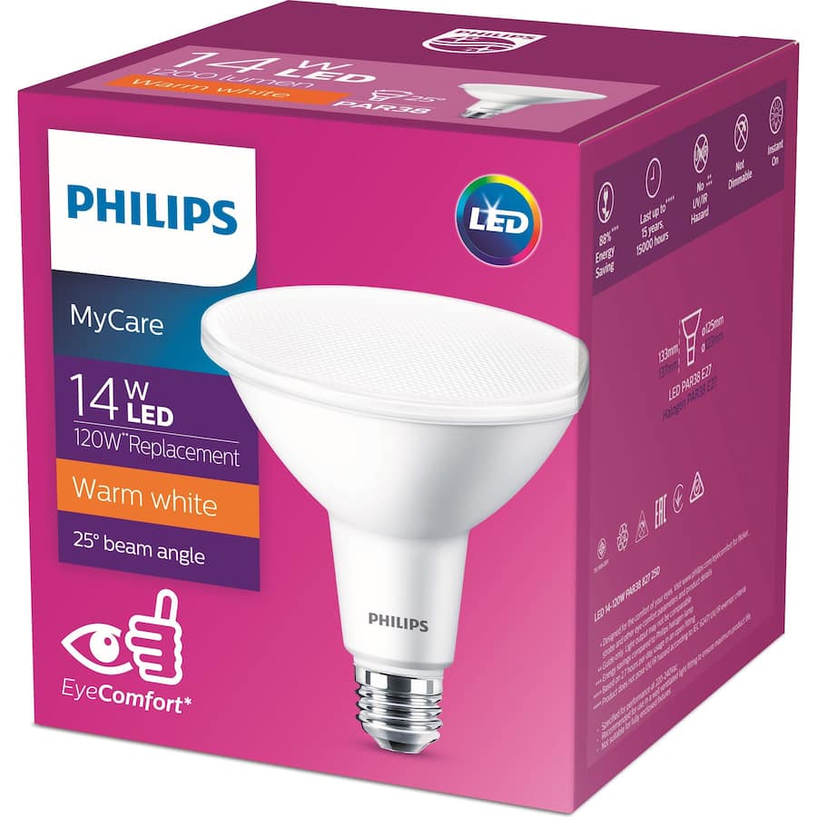 Philips 14W PAR38 LED bulb with E27 base, delivering 1050 lumens of warm white light for indoor and outdoor use.