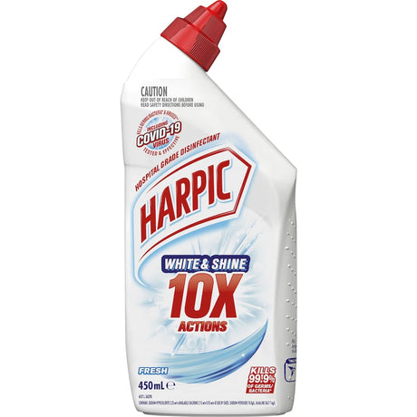 Harpic White & Shine Bleach Gel, a powerful toilet cleaner ensuring 99.9% germ kill and a sparkling white finish.