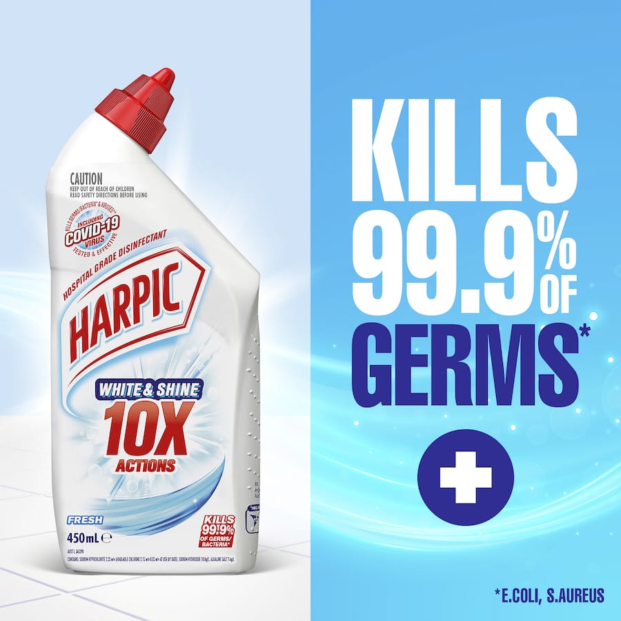 Harpic White & Shine Toilet Cleaner Gel with citrus scent, offering 5x power action for sparkling cleanliness and germ-free toilets.