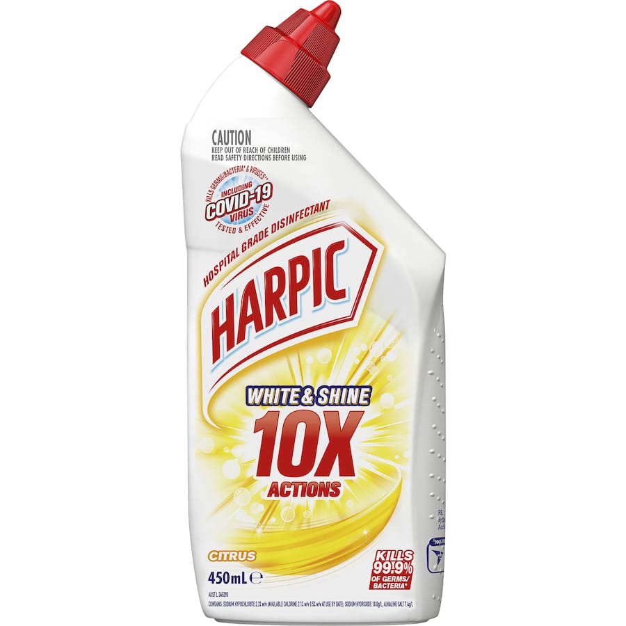Harpic White & Shine Toilet Cleaner Bleach Citrus gel disinfects and cleans toilets, killing 99.99% of germs with a fresh citrus scent.