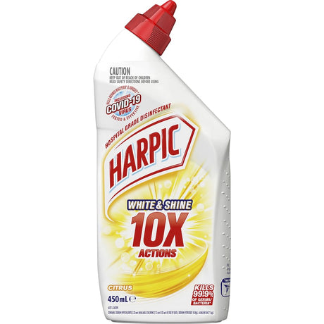 Harpic White & Shine Toilet Cleaner Bleach Citrus gel disinfects and cleans toilets, killing 99.99% of germs with a fresh citrus scent.