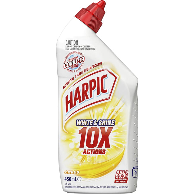 Harpic White & Shine Toilet Cleaner Bleach Citrus gel disinfects and cleans toilets, killing 99.99% of germs with a fresh citrus scent.