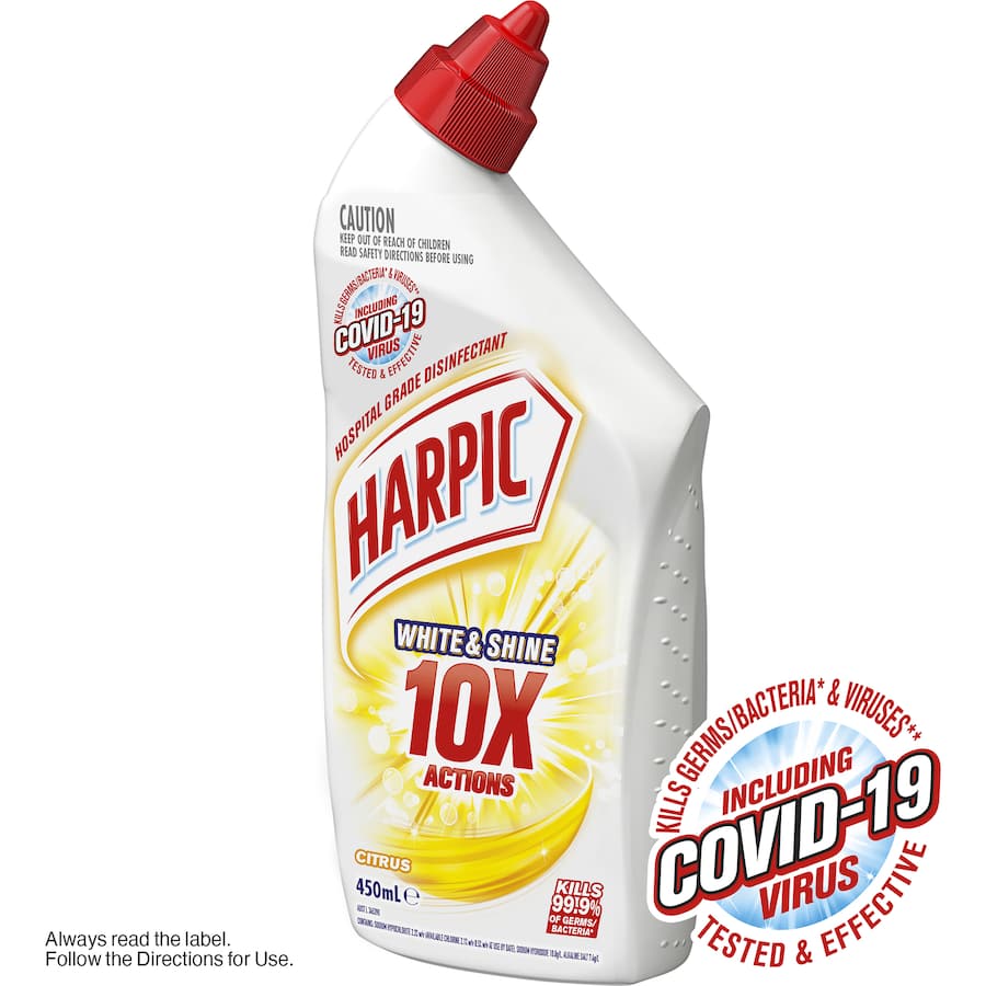 Harpic White & Shine toilet cleaner gel with citrus scent, disinfects and brightens, kills 99.99% of germs for sparkling cleanliness.