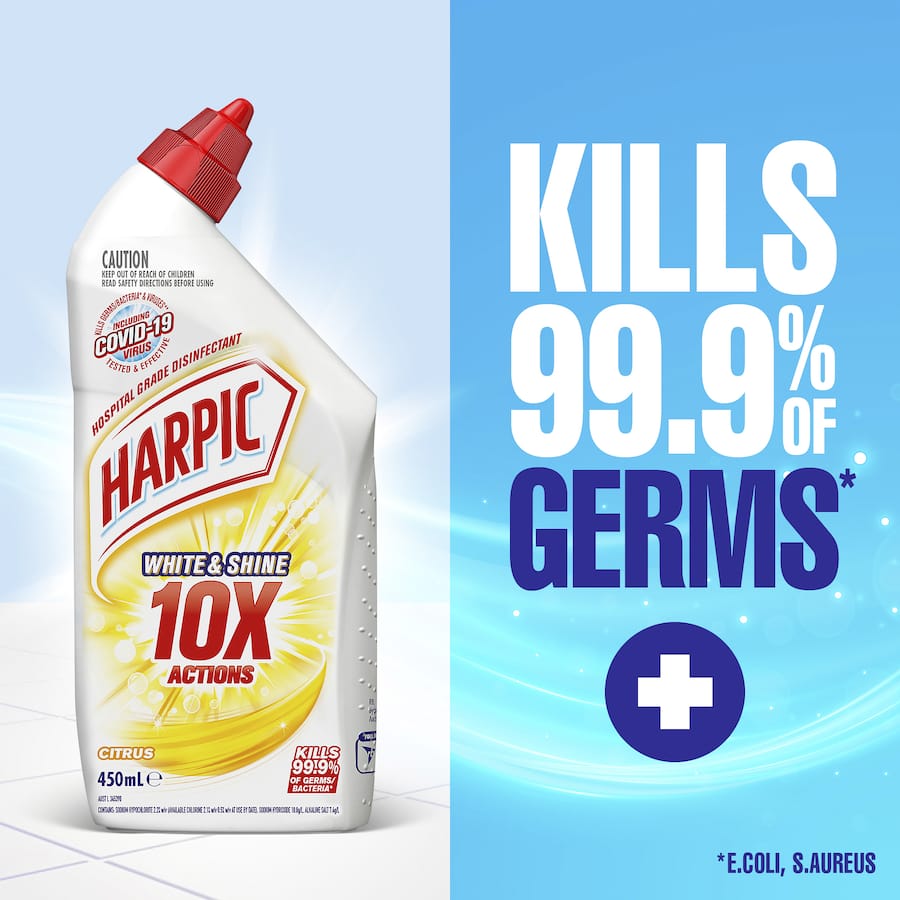 Harpic White & Shine toilet cleaner gel in citrus scent, disinfects, brightens, and kills 99.99% of germs for ultimate hygiene.