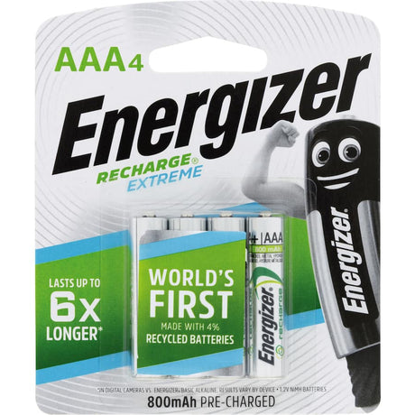 Energizer AAA rechargeable batteries made with 4% recycled materials, ideal for cameras and gaming devices.