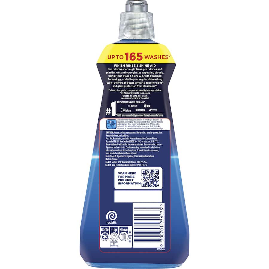 Finish Dishwasher Rinse Aid Regular enhances drying and shine for hassle-free, spotless dishwashing results.