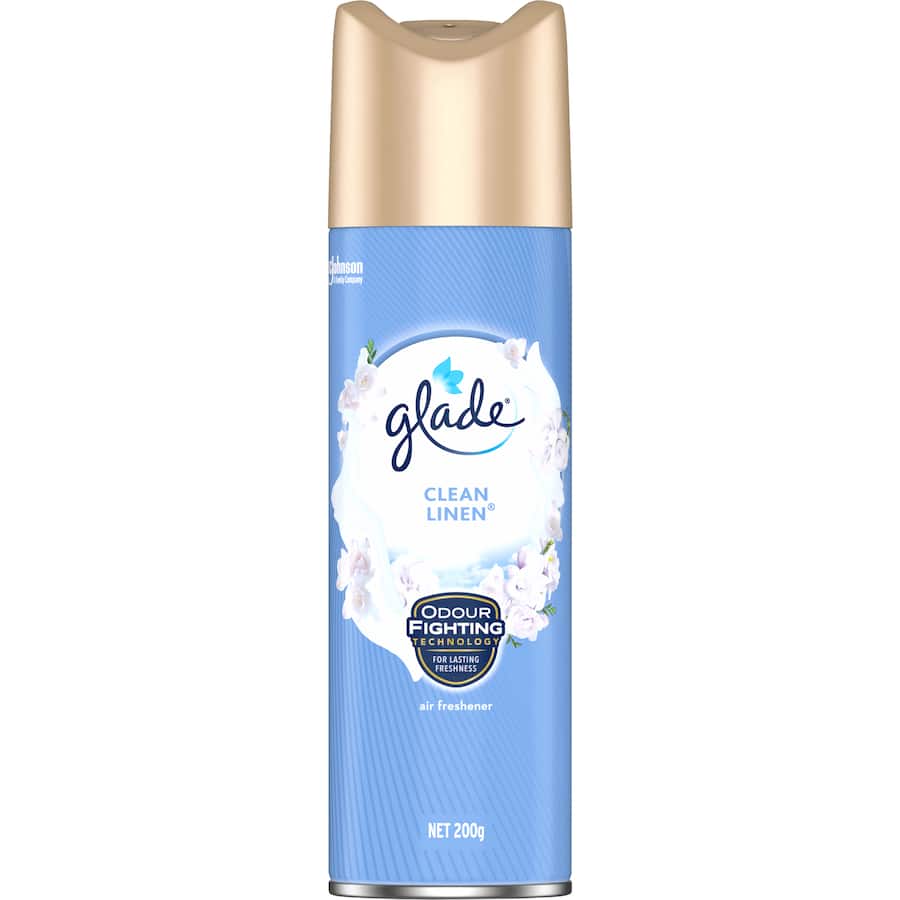 Glade Air Freshener Spray in Clean Linen, providing a fresh laundry scent while eliminating unwanted odors in any room.