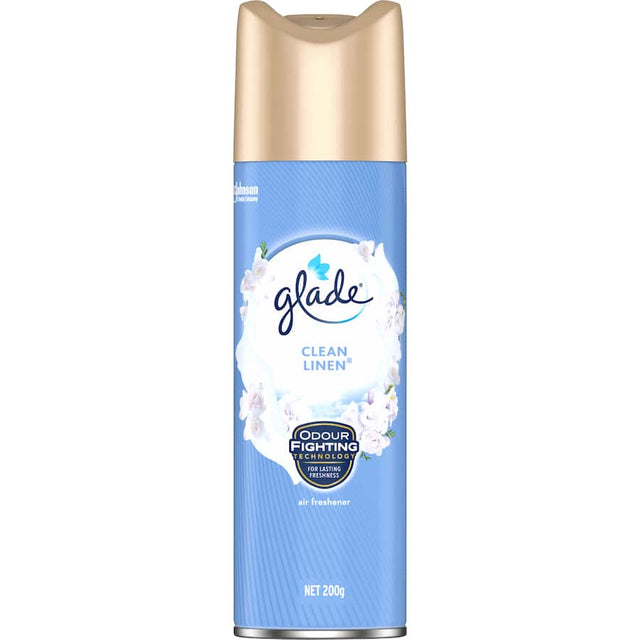 Glade Air Freshener Spray in Clean Linen, providing a fresh laundry scent while eliminating unwanted odors in any room.