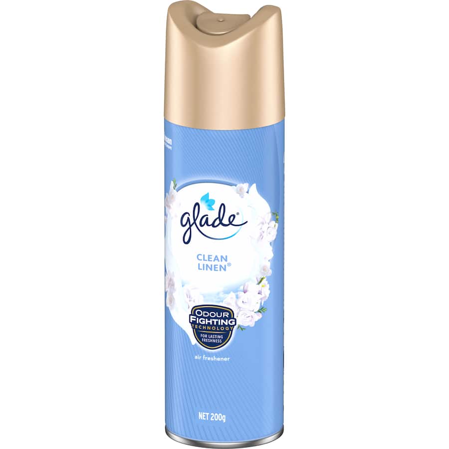 Glade Air Freshener Spray in Clean Linen, offering a laundry-fresh scent for a welcoming atmosphere in any room.