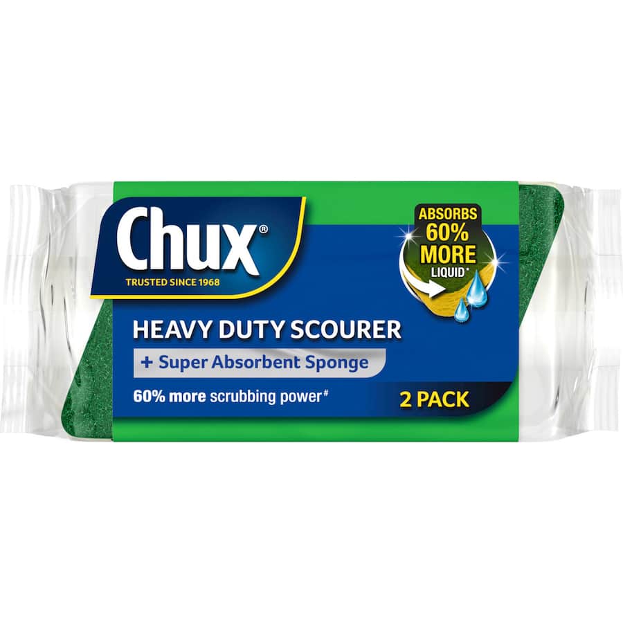 Chux Scourer Heavy Duty, designed for tough stains, effectively cleans without scratching various surfaces.