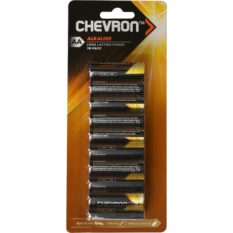 Chevron Alkaline AA Batteries pack of 10, designed for long-lasting power in electronic devices like toys and flashlights.