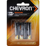 Chevron AAA Alkaline batteries in a 4-pack, designed for long-lasting power in high-demand devices like remotes and cameras.