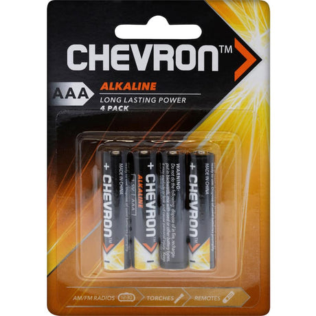 Chevron AAA Alkaline batteries in a 4-pack, designed for long-lasting power in high-demand devices like remotes and cameras.
