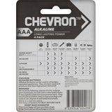Chevron AAA Alkaline Batteries 4-pack, designed for long-lasting power in high-demand devices like remotes and cameras.