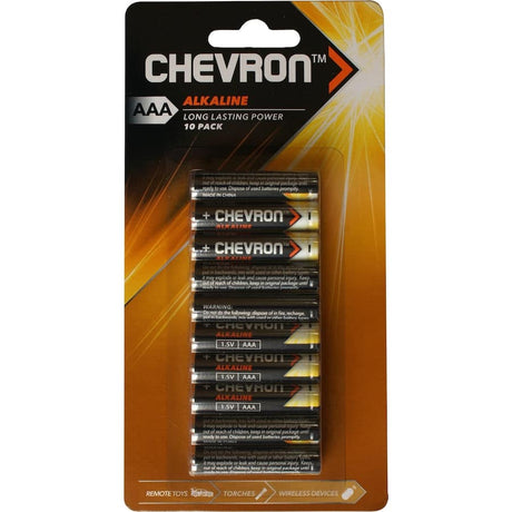 Chevron Alkaline AAA Batteries in a 10-pack, providing long-lasting power for toys, torches, and remote controls.