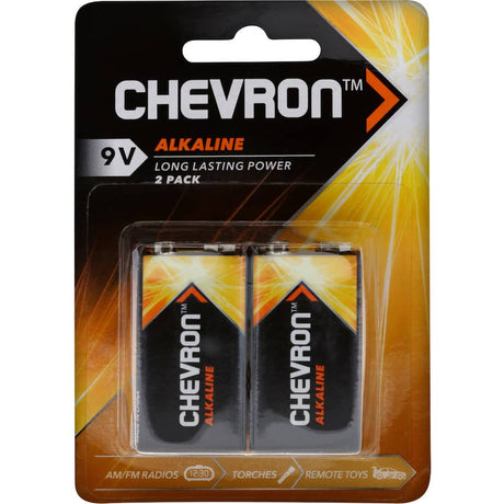 Chevron Alkaline 9V Battery 2-pack, designed for long-lasting power in various devices like radios and smoke detectors.