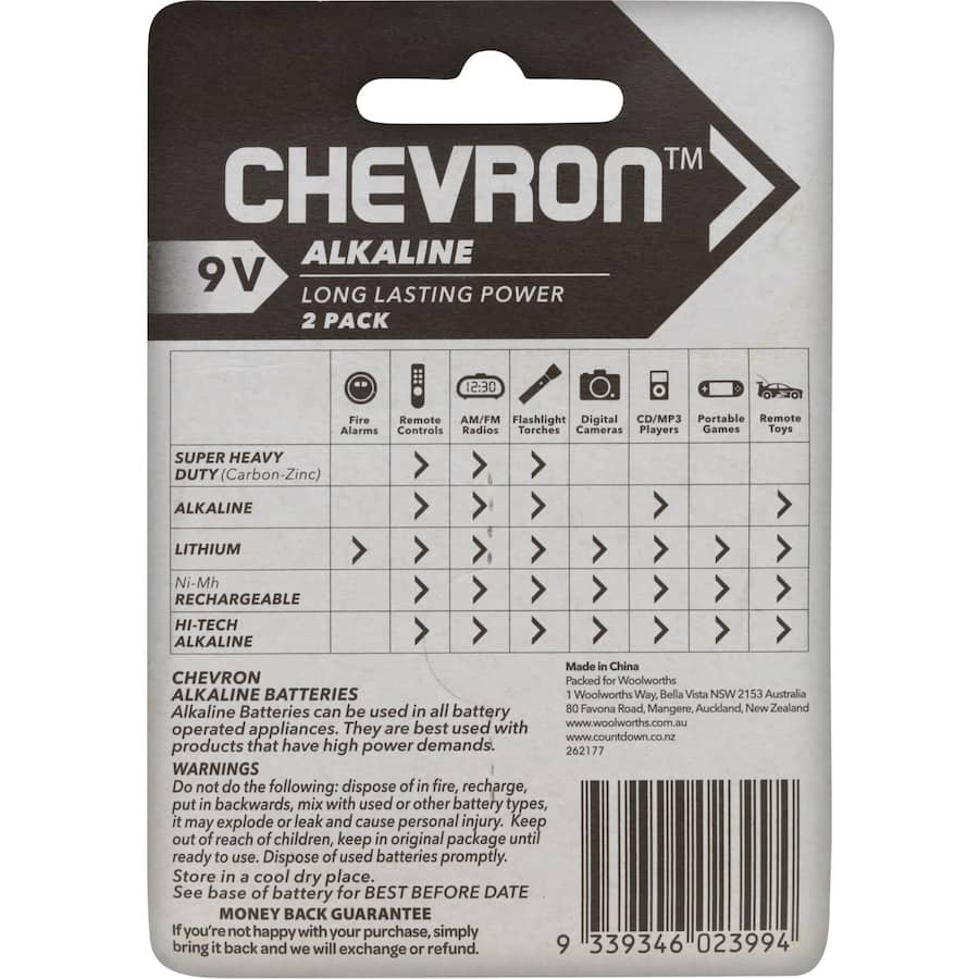 Chevron Alkaline 9V Batteries in a 2-pack, offering long-lasting power for radios, toys, smoke detectors, and more.