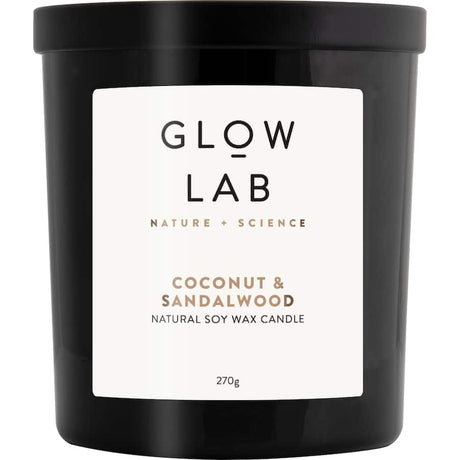 Glow Lab Scented Candle in dark glass, featuring coconut and sandalwood scents, perfect for relaxation with a 40-60 hour burn time.