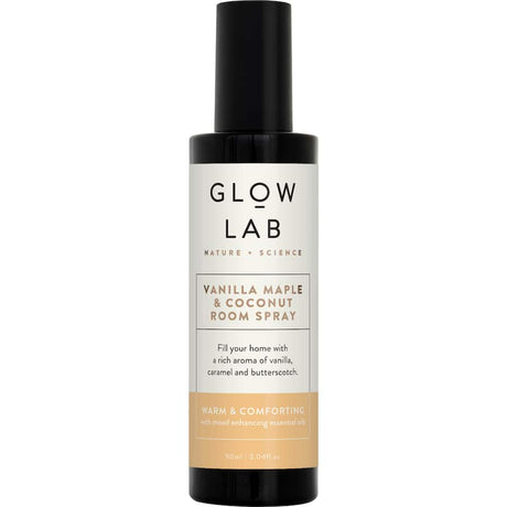 Glow Lab Vanilla Maple & Coconut room spray in a sleek glass bottle, delivering a comforting blend of butterscotch and vanilla.