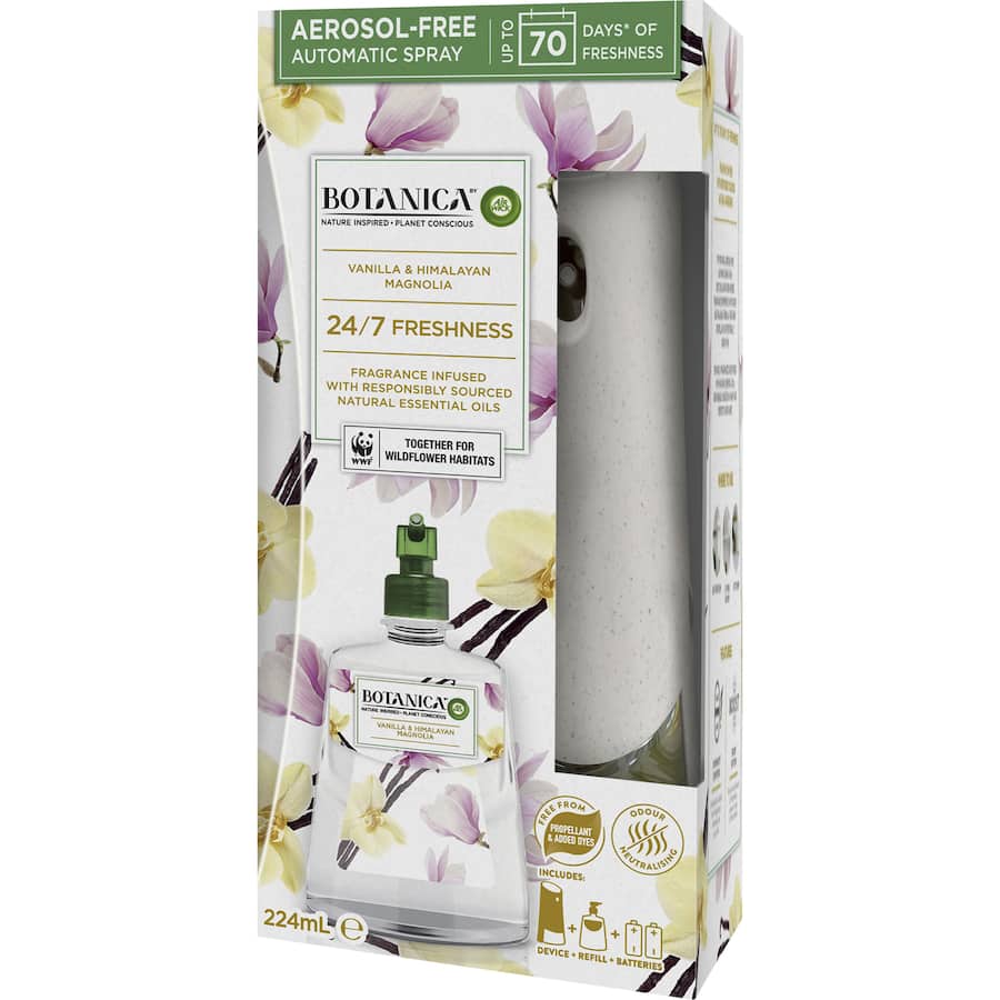 Air Wick Botanica Automatic Spray in Vanilla & Himalayan Magnolia, eco-friendly fragrance system that refreshes for 70 days.