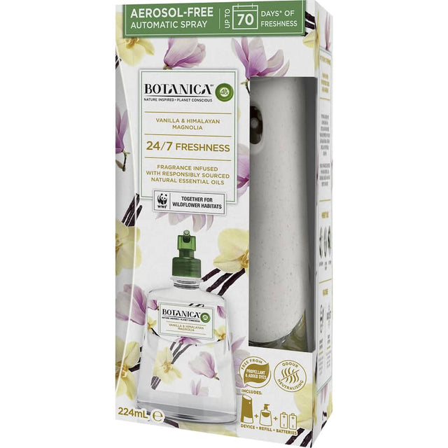 Air Wick Botanica Automatic Spray in Vanilla & Himalayan Magnolia, eco-friendly fragrance system that refreshes for 70 days.