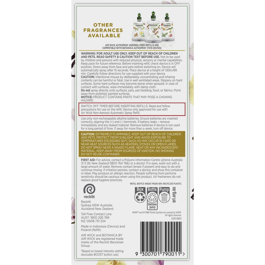 Air Wick Botanica Automatic Spray System in Vanilla & Himalayan Magnolia, eco-friendly aroma diffuser with adjustable intensity settings.