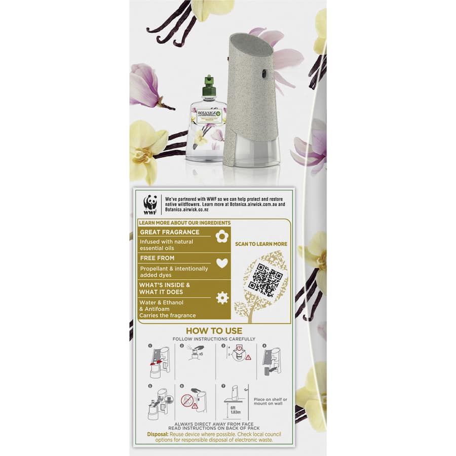 Air Wick Botanica Automatic Spray System featuring Vanilla & Himalayan Magnolia for a sustainable, automated, long-lasting home fragrance.