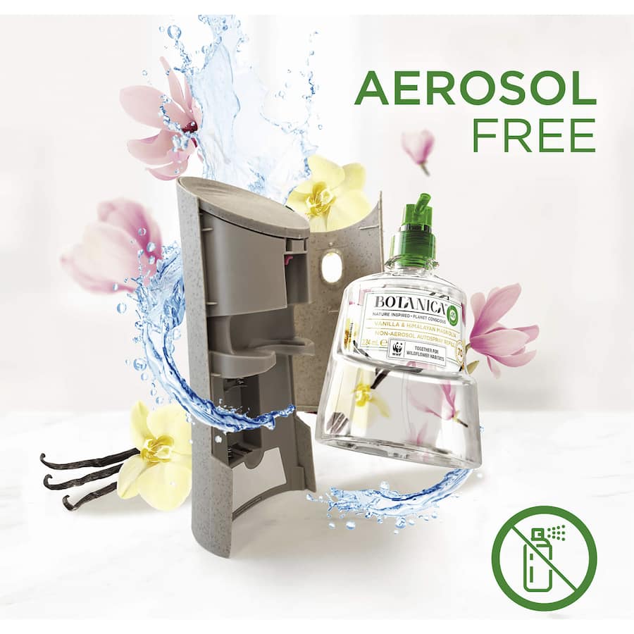 Air Wick Botanica Automatic Spray System with Vanilla & Himalayan Magnolia, offering a sustainable and effortless home fragrance solution.