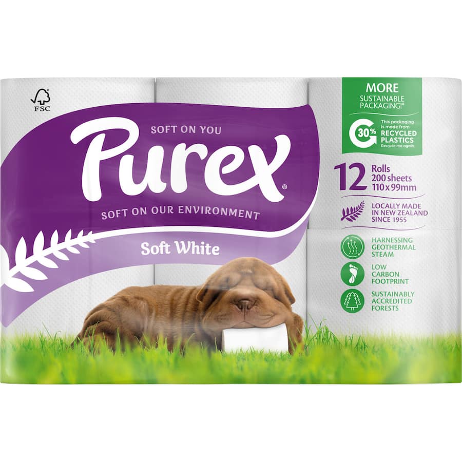 Purex Toilet Paper 12pk Unscented 2-ply, soft, strong, biodegradable rolls ideal for sensitive skin and budget-friendly.