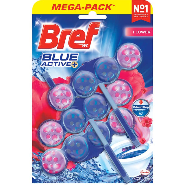Bref Blue Active Toilet Flush in Flower Blossom, a rim block with Odour Stop Technology for freshness and stain removal.