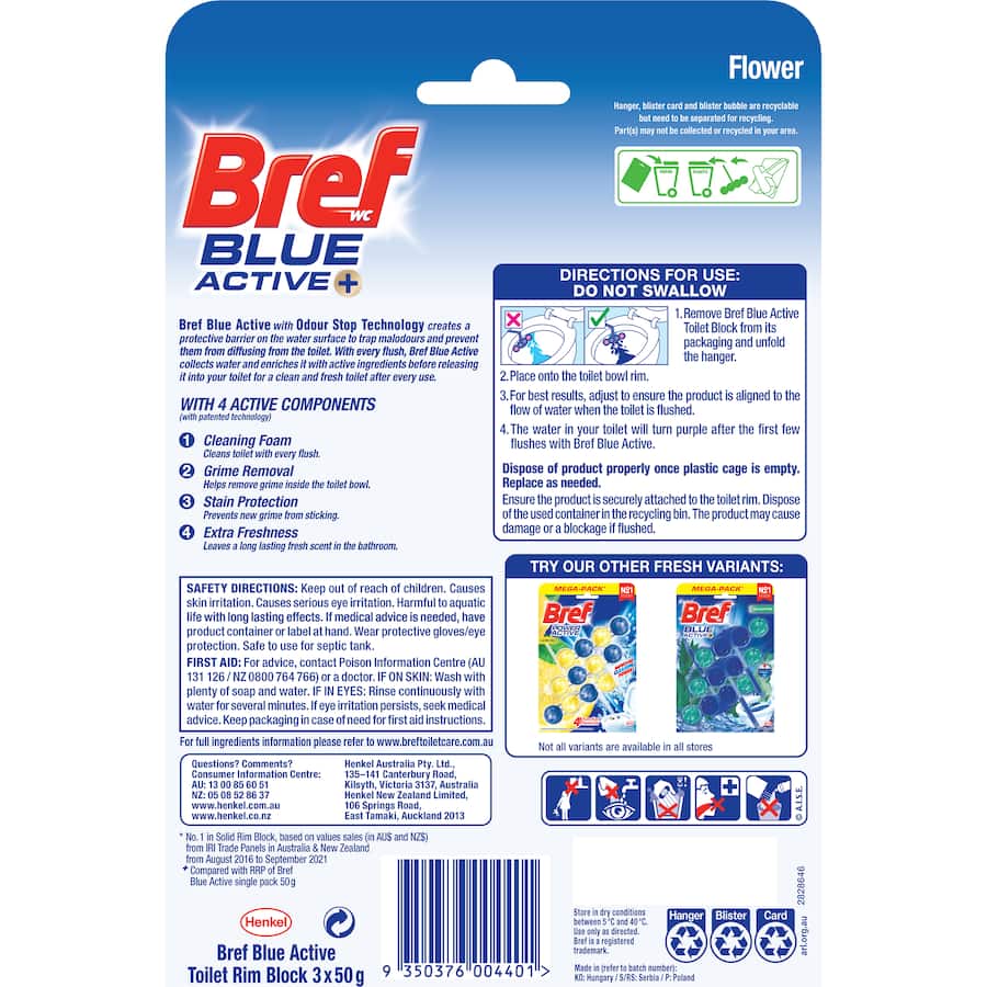 Bref Blue Active Toilet Flush featuring Odour Stop Technology, providing floral scent and visible blue freshness between flushes.