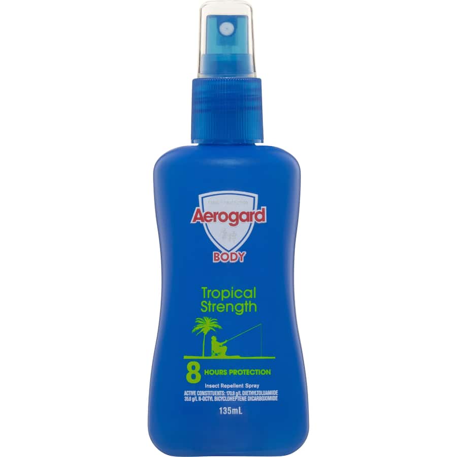 Aerogard Tropical Strength Pump Spray offers 6 hours of insect protection for outdoor adventures against various biting insects.