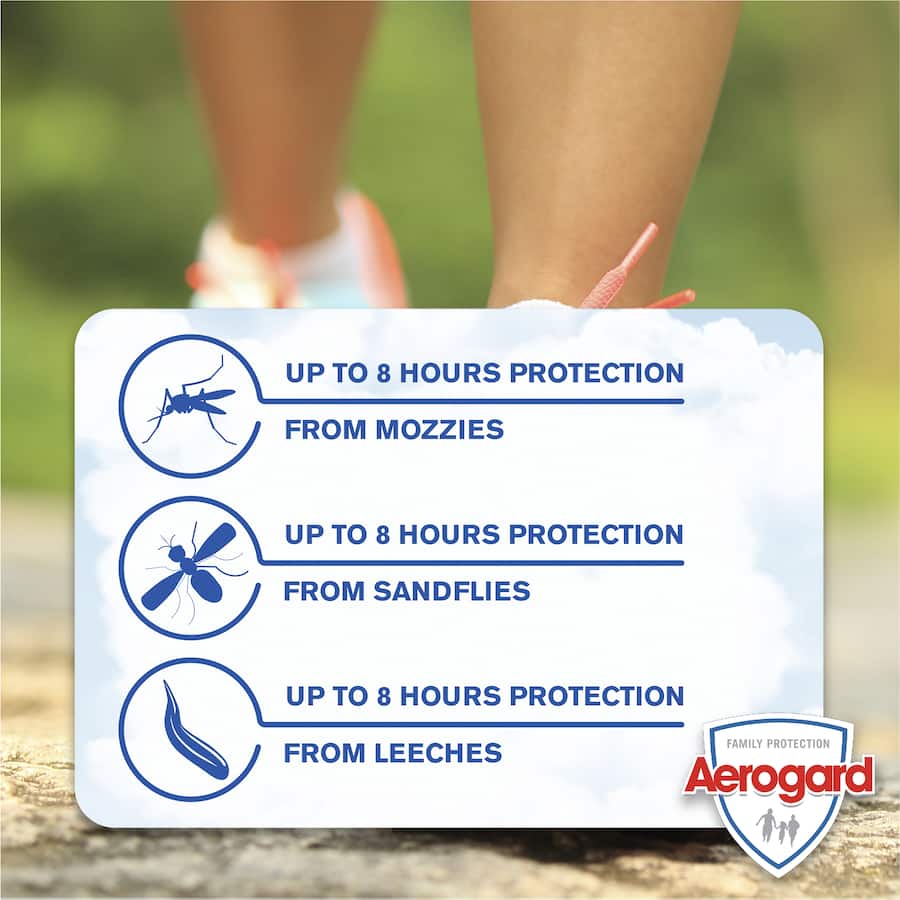 Aerogard Insect Repellent Tropical Strength Spray protects against insects for up to 6 hours, ideal for outdoor adventures.