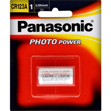 Panasonic CR123A lithium camera battery, lightweight and powerful for reliable performance in cameras and safety devices.