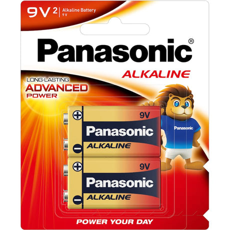 Panasonic 9V Alkaline Battery featuring leak-resistant technology and a 10-year shelf life for reliable power.