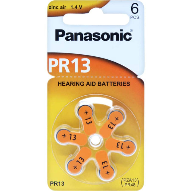 Panasonic PR48 Size 13 hearing aid batteries, offering 20% more capacity, lightweight design, and reliable performance.