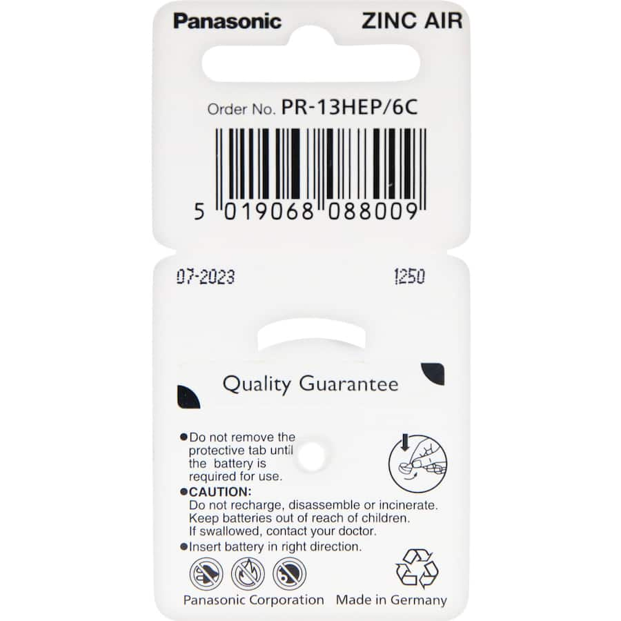 Panasonic Hearing Aid Battery PR48 Size 13, featuring high capacity, lightweight design, and reliable performance in varying conditions.