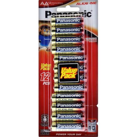 Panasonic AA Alkaline Battery with high leak resistance, ideal for high-drain devices, and stores power for up to 10 years.