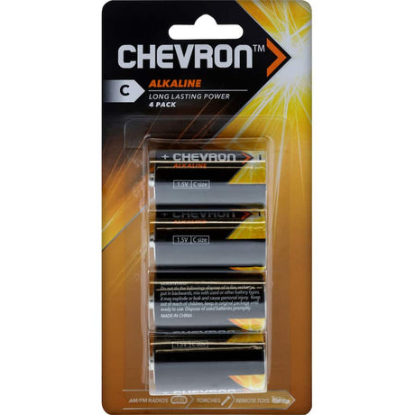 Chevron Alkaline C Batteries pack of 4, durable and long-lasting power for high-demand devices like radios and toys.